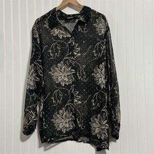 Studio Basic 3X Plus Sheer Floral Blouse Dark Academia 90s Goth Button Up Top